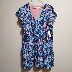 Cooper & ella fruit print,ruffle cross boby romper color coral & blue size large